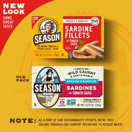 Season Sardines in Tomato Sauce - Skinless & Boneless, Wild Caught, 22g of Protein, Keto Snacks, More Omega 3's Than Tuna, Kosher, High in Calcium, Canned Sardines - 4.37 Oz Tins, 12-Pack