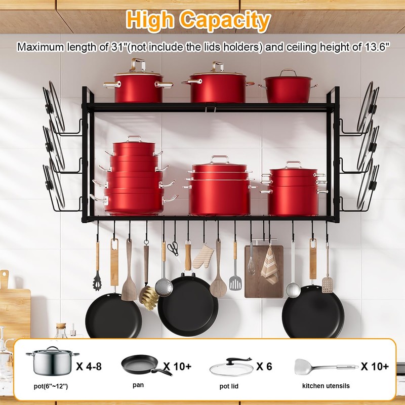 Homics 31 Inch Pot Rack Wall Mounted, 2-Tier Hanging Pots