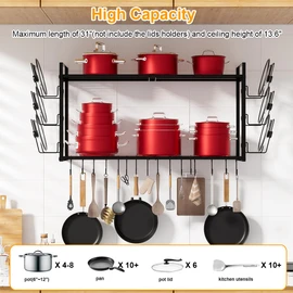 Homics 31 Inch Pot Rack Wall Mounted, 2-Tier Hanging Pots and Pans Organizer Expandable Heavy Duty Kitchen Shelves with 6 Pot Lid Holders and 12 Hooks for Kitchen Cookware Utensils Storage