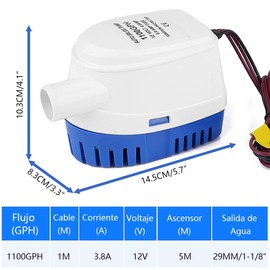 Bomba de Sentina Automática de Agua de Achique - 1100GPH Bomba de Sentina Automática, 12V Bomba de Agua Sentimiento Automático Marino, con Protección de Encendido, para Sentinas y Piscinas de Barcos