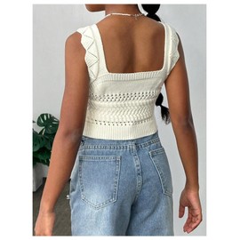 Floerns Girl's Ruffle Straps Knitted Pullover Square Neck Crochet Sweater Tank Top Apricot 8Y