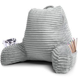 Clara Clark Reading Pillow for Bed Adult–Back Pillow for Sitting in Bed, Standard Plush Bed Pillows for Sitting Up in Bed, Shredded Foam Bed Chair Pillow with Arms and Pockets, Silver Bed Rest Pillow