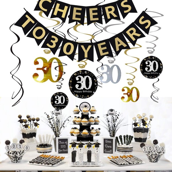 JeVenis 30th Birthday Party Decorations Kit Cheers to 30 Years Banner Celebration 30 Hanging Swirls for 30 Years Old Party Supplies 30th Anniversary Decorations