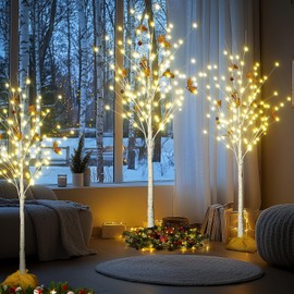 Recaceik Lighted Christmas Tree Set of 3 LED Birch Tree 4/5/6FT White Artificial Tree with Warm White Lights Cherry Blossom & Balls for Christmas Decorations Indoor & Outdoor (White)