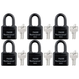 FIGODE® Outdoor Waterproof Padlocks, Covered Heavy Duty Laminated Steel Locks, Large Sturdy Locks, 2.2 in. Wide, 6 Locks Same Key, Standard Shackle
