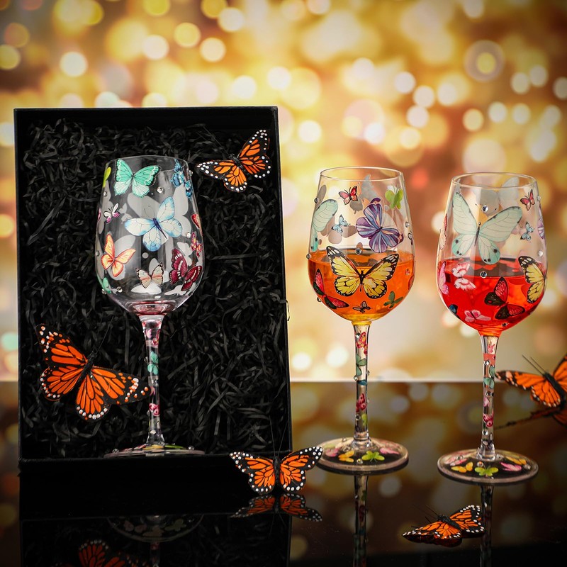 SiliFine 4 Pcs Butterfly Hand Painted Wine Glasses with Long