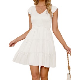ZESICA Womens 2024 Summer Casual V Neck Flutter Sleeve Bohemian Ruffle Smocked A Line Swing Mini Dress,White,Medium