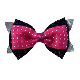 NEW "Rhinestone Pink/Black/Silver" Gllitter Hair Bow Girls 4.5 Inch Alligator Clip Dance Recitals Sports Games Pageants Grosgrain Ribbon Pink Out
