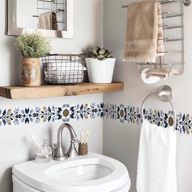 Blue Floral Molding Wall Border Stickers, sacinora Skirting Wall Waist Line Decal Removable Vinyl Peel and Stick Bathroom Bedroom Kitchen Living Room Door Trimming Mirror Frame Frill Home Decorations