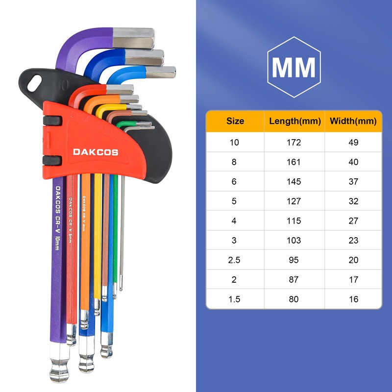 DAKCOS 9 Piece Metric Hex Key Set Allen Hex Hexagon