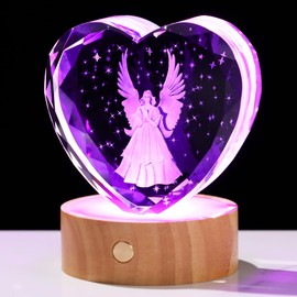3D Guardian Angel Figurines Crystal Heart with Wooden Light Base, Glass Praying Angel Memorial Gift for Friends Women Collectible Night Light Home Decor