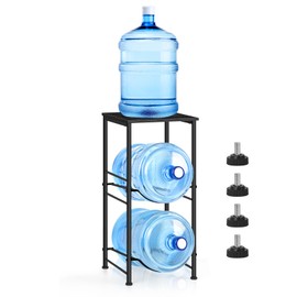 Water Bottle Holder 5 Gallon Water Jug Holder with Storage Shelf, 2 Tier Black Water Bottle Rack Stand with 2 Slots for Small Space, Kitchen, Home Office, Living Room