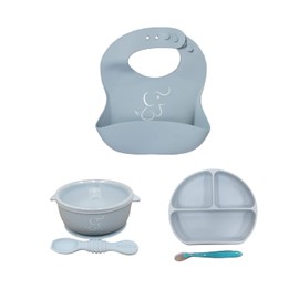 PAPU BABY Set de Alimentacion - 1 Babero, 1 Bowl con Tapa y 1 Plato de Divisiones (Azul Pastel)