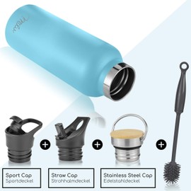 Milu Stainless Steel Drinking Bottle 350 ml 500 ml 750 ml 1000 ml (+ 3 Lids) - Thermos Bottle with Straw, Insulated Water Bottle, Leak-Proof Insulated Flask Double-Walled (Sky Blue, 500 ml)