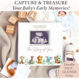 Baby Book Keepsake - Timeless Baby Memory Book for Boy or Girl I First 5 Year I Faux Leather, Gender Neutral, Safari Theme w/Gold Foil Stamp - Baby First Year Book Journal Scrapbook Photo Album Shower