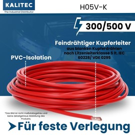 Kalitec 10 Metres H05V-K 1 mm² Red Flexible Wiring Cable Flexible I PVC Single Core I Stranded 1 mm2 I Wiring Fine-Strand I Single Cable I Cable Flame Retardant