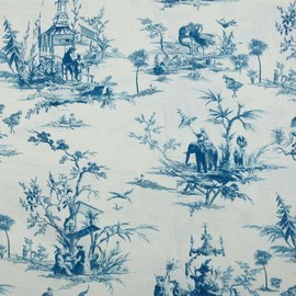 Kt KILOtela - Printed Linen Fabric Decoration Tapestry Cushion Curtains Bags Tablecloths 100cm Length x 280cm Width Landscape Oriental Blue 1 Metre