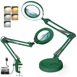MagnieOpti 10X Magnifying Glass with Light and Stand, Real Glass Lens Desk Lamp, Lighted Magnifier with Light Stepless Dimming Hands Free for Craft, Reading, Painting, Sewing, Solder - Green