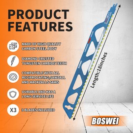 18 Inch Masonry Reciprocating Saw Blade, 32 TPI Teeth Tipped Cutting Reciprocating Saw Blade, 3 Pcs Concrete Blades for Cutting Red Brick, Light Brick, Aerated Concrete, Porous Concrete, Cinder Block