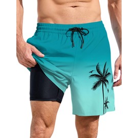 Lzzidou Men Swim Trunks with Compresssion Liner 7 Inch Inseam Board Shorts Bathing Suit with Zipper Pockets Turquoise