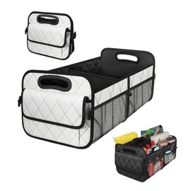 Sylvil Car Trunk Organizer, Multi-Compartment Auto Trunk Storing Bag with Pockets, Collapsible Organizer and Storage for Sedans, SUVs, Trucks, Universal Interior Car Accessories (White)
