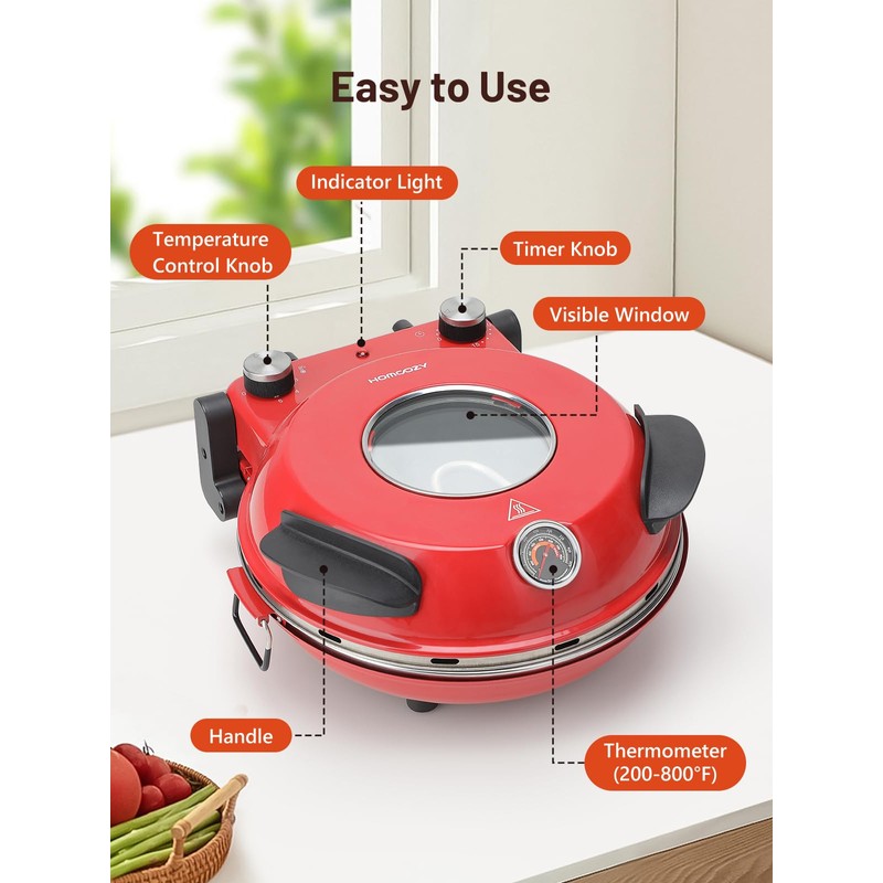 HomCozy Electric Pizza Oven Indoor with Glazed Ceramic Stone, 12-Inch
