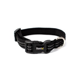 lionto Durable Nylon Dog Collar, Size XS, Soft Padded Collar for Dogs, 360° Reflective & Click Closure, Metal Ring & Adjustment by Continuous Slider, Black