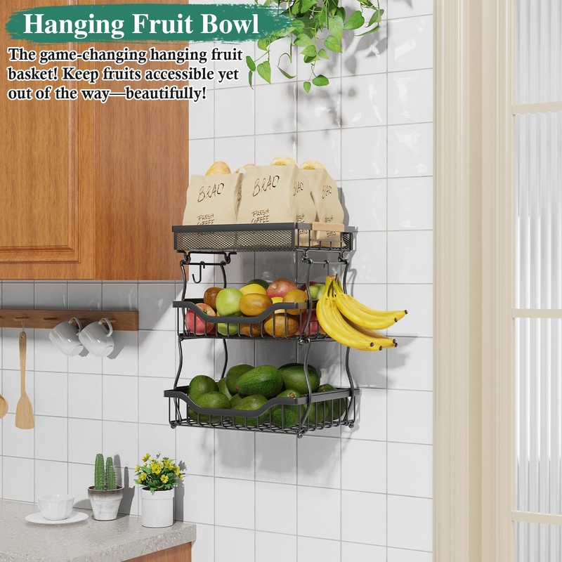 OKZEST 3-Tier Fruit Basket for Kitchen Counter, Wall Hanging Fruit