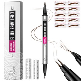 Curved Eyebrow Pencil with 10Pcs Stencils, 2-in-1 Dual-Ended Microblading Eyebrow Pen with Curved Brush-Tip and Fork-Tip for Hair-Like Brows, Waterproof Eyebrow Pencils for Women, Dark Brown
