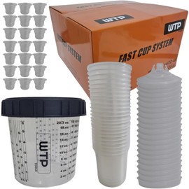 WTP TOOLS Disposable Paint Cup System KIT Combo, 25 Lids + 25 Liners + 1 Hard Cup + 10 Caps - 1 Box 650ml 22Oz (125mic Filter) - Sprayer Mixing Cup for Automotive Paint Gun