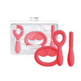 ezpz Oral Development Tools - 3 Months+ (3 Pack in Coral) - Non-Slip Loop, Smile and Stick, 100% Silicone Tools to Practice Feeding + Chewing - Sensory Bumps - Dishwasher Safe
