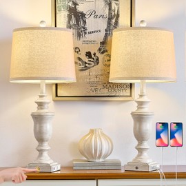 SAIWEYA 27.5" Vintage Farmhouse Table Lamps Set of 2 Bedside Lamp, 3 Way Dimmable Bedroom Lamps with 2 USB Ports +AC Outlet Touch Nightstand Lamp Rustic Lamp (Antique White)