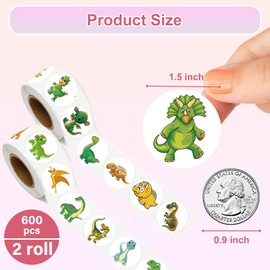UVUXO 600 Pcs Dinosaur Stickers Rolls for Kids-Round 1.5 Inch 16 Tyles Cartoon Dinosaur Kindergarten Stickers Teacher Sticker for Kids Birthday Party School Reward Giveaways