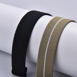 PTFULUOS 2 Pack Fabric Braided Stretchy Solo Loop Watch Band - Compatible with 18mm 20mm 22mm - Quick Release Sport Elastic Replacement Straps for Men Women (S/22MM, Black + Khaki white line)