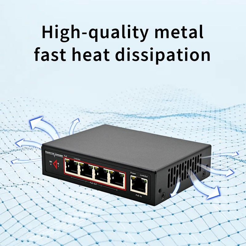 60W 4-Port Gigabit PoE Switch/Extender PoE Splitter Repeater, 10/100/1000Mbps, Supports