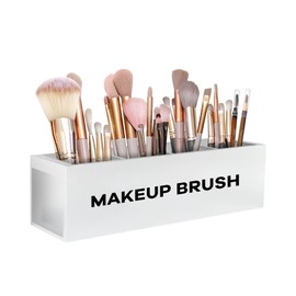 Suli Large Makeup Brush Holder Organizer, Wooden Cosmetic Brushes Storage with 4 Slots, Eyeliners Display Case for Vanity Desktop Bathroom Countertop -White