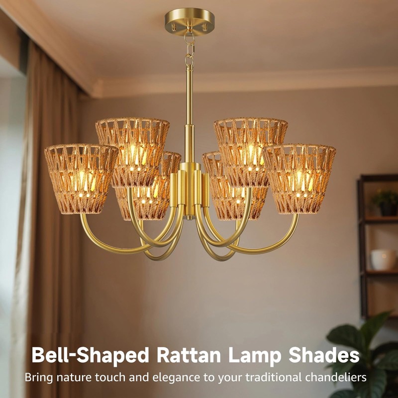 6 PCS E27 Rattan Lamp Shade,Bell Woven Wicker Lampshades Replacement,Paper