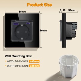 BSEED Schuko Socket 20 W Quick Charger with Waterproof Cover, Flush-Mounted Socket with USB C, Socket Cover 16 Amp, Ideal for Wet Rooms, Outdoor and Indoor Use, 1 Compartment, Black