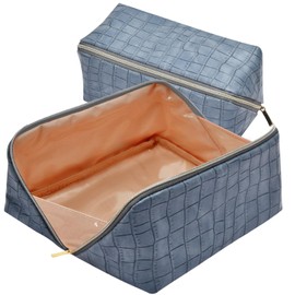 Lazy Makeup Bag Opens Flat for Easy Access,Large Capacity Cosmetic Bag Pouch Makeup Pouch Storage Organiser for Women Girls,Waterproof Travel Toiletry Bag,Birthday Gifts for Friend (Blue)