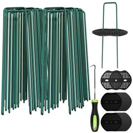 FOTMISHU Landscape Staples 5.7Inch 100Pcs Garden Stakes with 100pcs Gasket, Lawn Pins with Spray Coating Craft,11Gauge Anti-Rust Ground Yard Spikes Anchoring for Outdoor Tents Irrigation Hoses (Green)