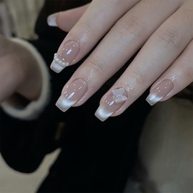 Nude French Tip Press on Nails Medium Artifical Acrylic Fake Nails with 3D Crystal Butterfly Pearl Design Square Glossy False Nails Full Cover Reusable French Coffin Nails Glue On Nails for Women