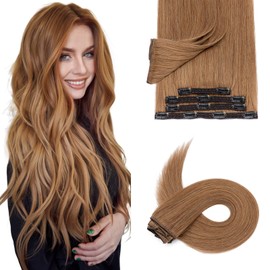 Silk-co Clip in Hair Extensions Real Human Hair Remy Double Weft With Lace Coverd Clip in Silky Straight Natural Thick Hair Seamless 7pcs 16Clips 100g Extension for Women 14Inch #06 Light Brown