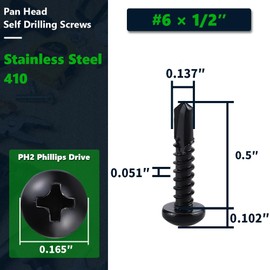 #6 x 1/2" (100 Pack) Stainless Steel Phillips Pan Head Sheet Metal Screws, Stainless Steel 410 Self Tapping Screws for Metal, Dovetail Screws, Black Coated