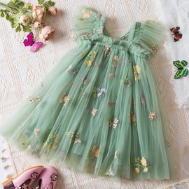 UUAISSO Tutu Dress for Toddlers Babies Sleeveless Tulle Dress Butterfly Embroidery Birthday Party Princess Summer Dress, Green, 4T - 5T