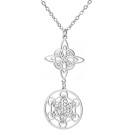 TEAMER Metatron Cube Witch Knot Pendant Necklace Double Amulet Protection Stainless Steel Witchcraft Necklaces Vintage Jewelry For Women (No Chain, Silver)