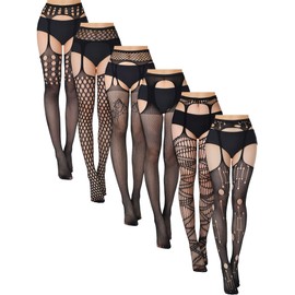 Skylety 6 Pairs Women Suspender Pantyhose Stockings Tights Stretchy High Stockings for Dress up Favors (Black, Medium - Large)