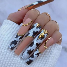 SPEVERT 24pcs Cow Print Press-on Nails with Gold Diamonds Extra Long Square Fake Nails for Women Nail Decoration