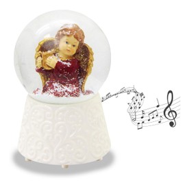 Christmas Snow Globe with Music, Red Angel with Harp Gold, Base White Ornaments, Height: 14 cm, W: 10 cm, Shaking Ball Christmas Decoration with Music Box, Silent Night, Holy Night, 20217