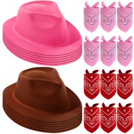 24 Pieces Western Cowboy Hat Set, Felt Cowboy Themed Party Hats with Paisley Bandanas for Adult Kids Cowboy Costume Party (Brown, Pink, Red)