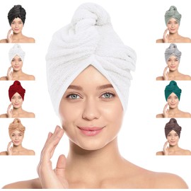 LOOMKNIT Hair Towel Wrap Lightweight Turban, Instant Drying 100% Cotton Hair Cap Super Quick Absorbent Anti-Frizz Twist Toweling Dry Hat with Button and Loop for Long Curly Hairs, 61 x 24CM